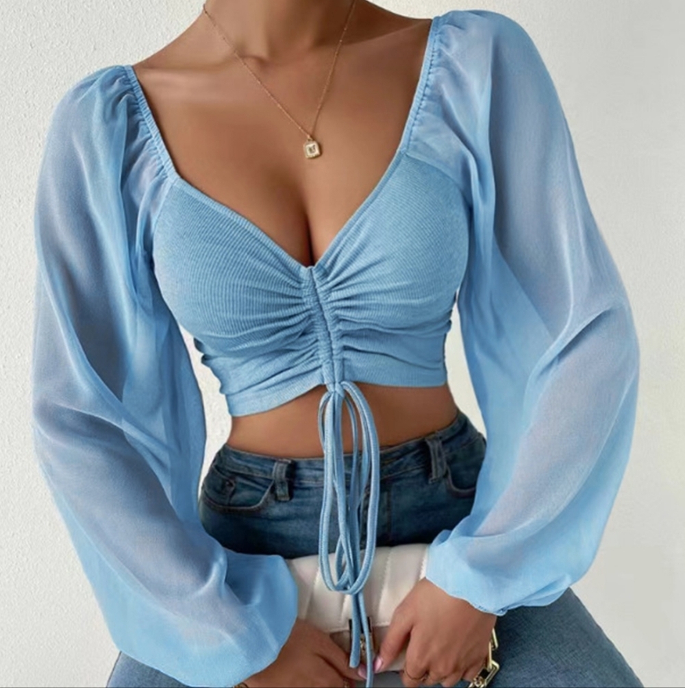 Sweet Talk Drawstring Crop Top - Misty Blue